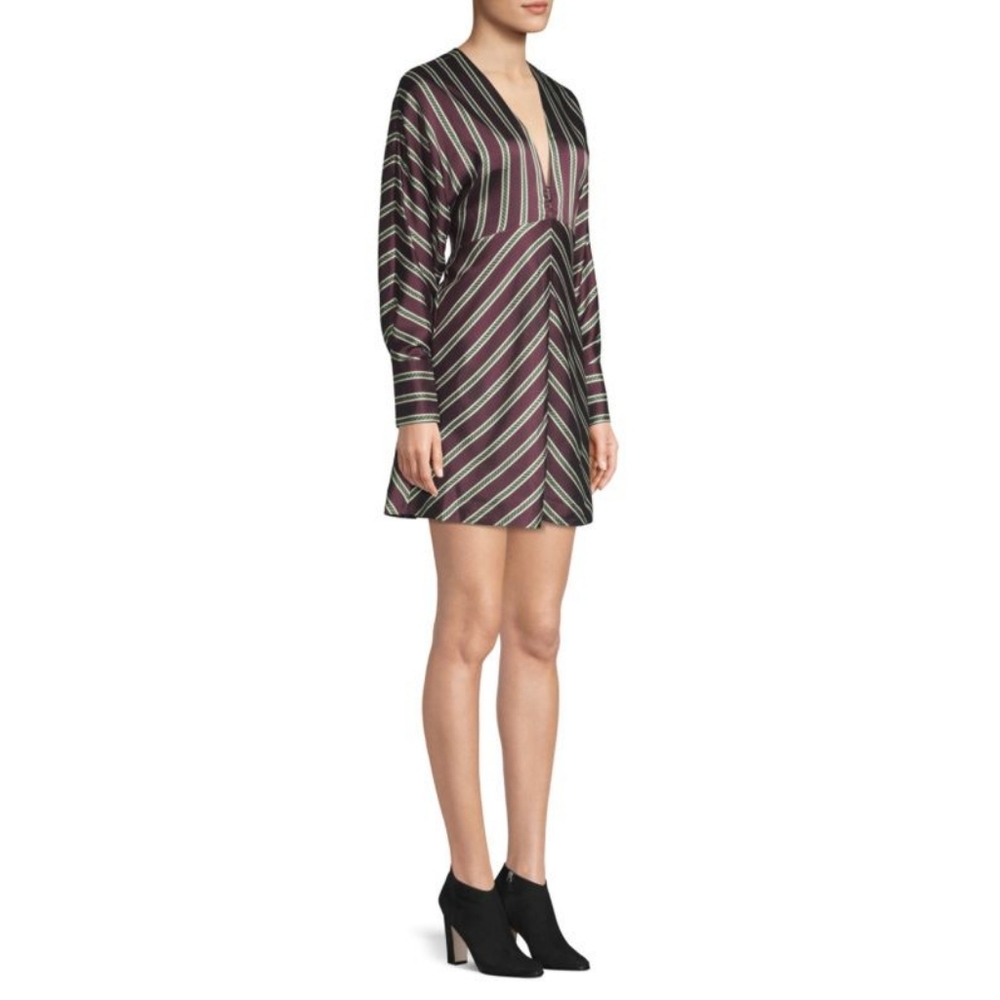 Alexis Tena V-Neck Striped A-Line Dress Long-sleeve Maroon Green White XS
